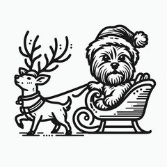 A playful design featuring a dog in a Santa hat sitting in a sleigh, pulled by a reindeer, embodying a festive holiday spirit.