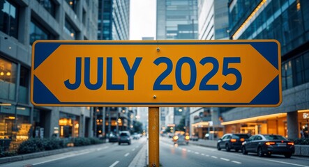 july 2025 text on road sign in middle of modern business city background