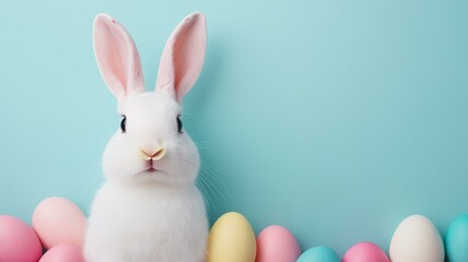 White rabbit sitting in front of colorful decorated easter eggs on a bright background