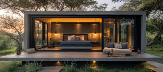 Serene Concrete Bungalow: Luxury Getaway in Nature