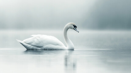Obraz premium Elegant swan gliding across a tranquil water surface during a misty morning
