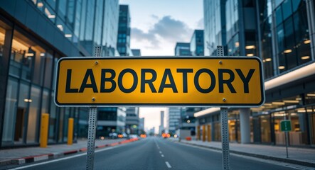 Obraz premium Laboratory text on road sign in middle of modern business city background