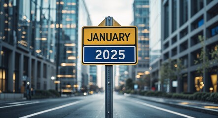 Obraz premium january 2025 text on road sign in middle of modern business city background