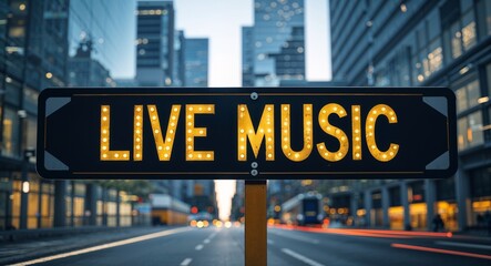 Obraz premium live music text on road sign in middle of modern business city background