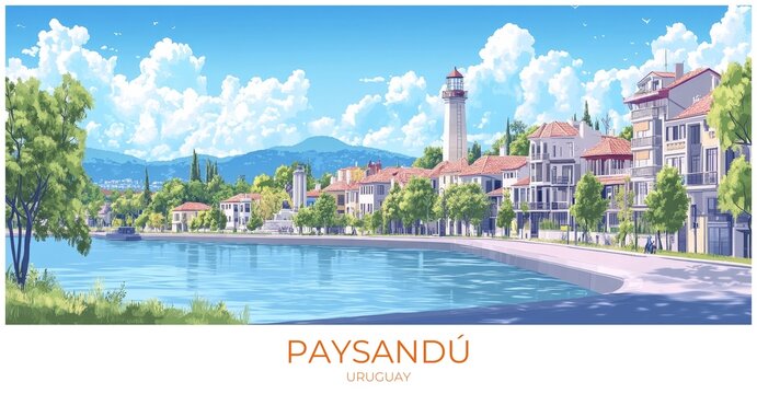 Paysand&uacute; Uruguay Travel Poster Flat Illustration Print Decor Gift Canvas Wall Art