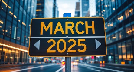 march 2025 text on road sign in middle of modern business city background