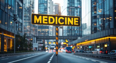 Obraz premium Medicine text on road sign in middle of modern business city background