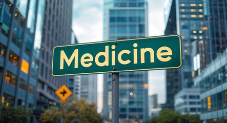 Obraz premium Medicine text on road sign in middle of modern business city background