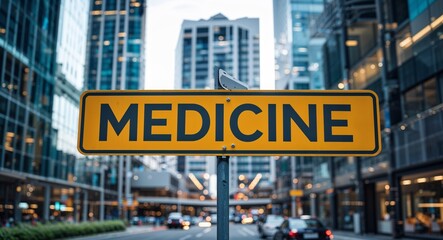 Obraz premium Medicine text on road sign in middle of modern business city background