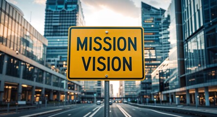 Obraz premium mission vision text on road sign in middle of modern business city background