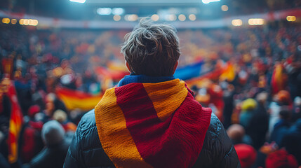 A large sports stadium crowd at night with a person wearing a flag cape and vibrant colors