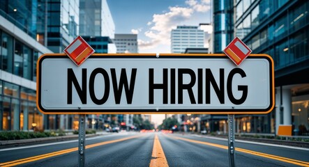 now hiring text on road sign in middle of modern business city background
