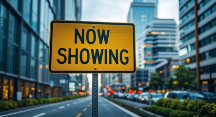 Obraz premium Now Showing text on road sign in middle of modern business city background