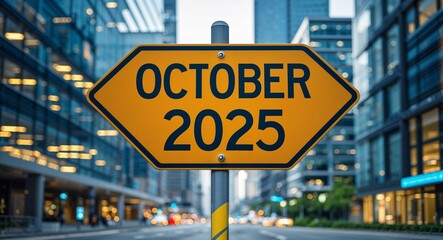 Obraz premium october 2025 text on road sign in middle of modern business city background