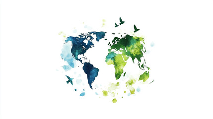 Creative watercolor world map with birds, showcasing vibrant colors and natural elements