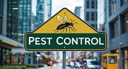 Obraz premium Pest Control text on road sign in middle of modern business city background