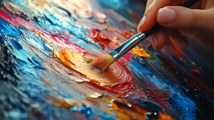 Obraz premium Close-up of a vibrant oil painting with palette knife textures, swirling brushstrokes, and a dynamic blue and orange composition