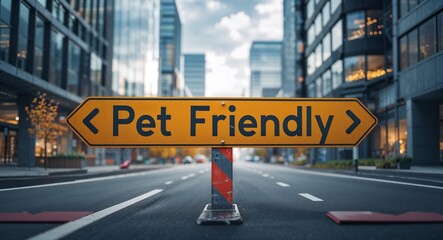 pet friendly text on road sign in middle of modern business city background
