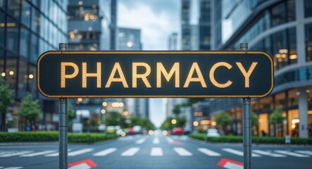 Obraz premium Pharmacy text on road sign in middle of modern business city background