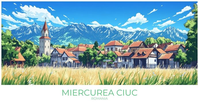 Miercurea ciuc Romania Travel Poster Flat Illustration Print Decor Gift Canvas Wall Art