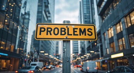 Obraz premium problems text on road sign in middle of modern business city background
