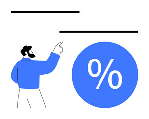 Businessperson pointing at large percentage sign in blue circle, emphasizing financial analysis and data insights. Ideal for finance, statistics, economics, investment, business growth, conceptual