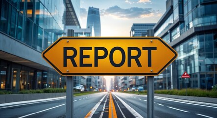 Obraz premium Report text on road sign in middle of modern business city background