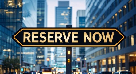 Obraz premium Reserve now text on road sign in middle of modern business city background