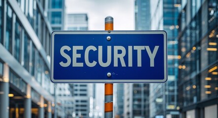 Naklejka premium security text on road sign in middle of modern business city background