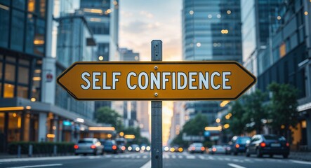 Obraz premium self confidence text on road sign in middle of modern business city background