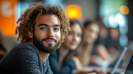 Portrait of a young man with curly hair, beard, and warm smile, in casual attire, against a bokeh urban background, radiating confidence and approachability
