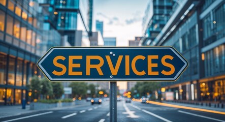 Obraz premium Services text on road sign in middle of modern business city background