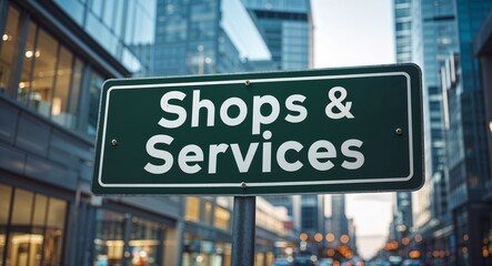 Obraz premium Shops and Services text on road sign in middle of modern business city background
