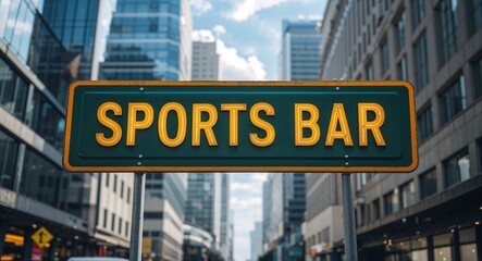 Obraz premium sports bar text on road sign in middle of modern business city background