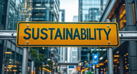 Obraz premium Sustainability text on road sign in middle of modern business city background
