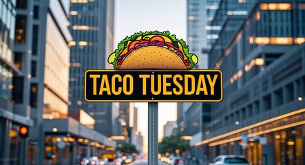 Obraz premium taco Tuesday text on road sign in middle of modern business city background