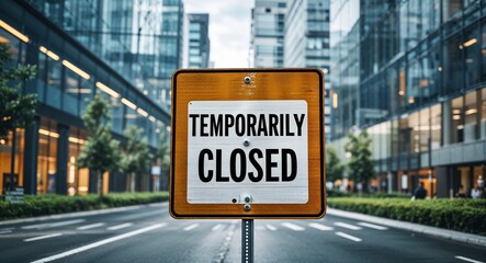 Obraz premium temporarily closed text on road sign in middle of modern business city background