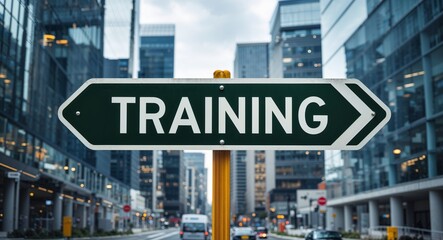 Obraz premium training text on road sign in middle of modern business city background