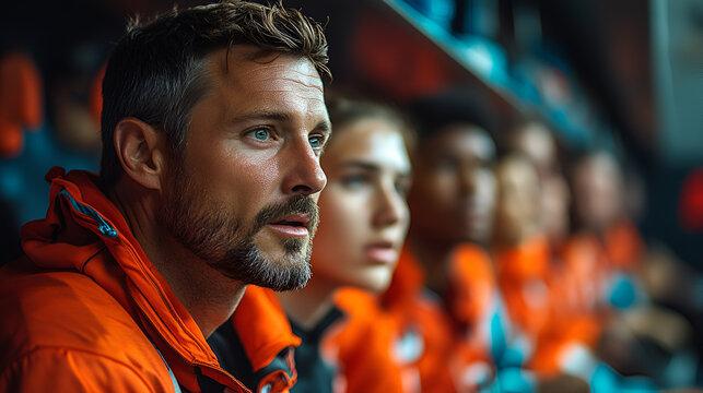 Close-up of a bearded man in orange spacesuit, determined expression, blue lighting, and sci-fi background