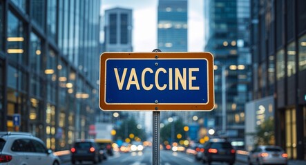 Obraz premium vaccine text on road sign in middle of modern business city background