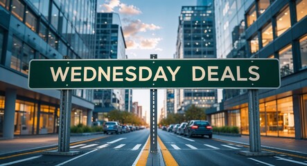 Fototapeta premium Wednesday deals text on road sign in middle of modern business city background