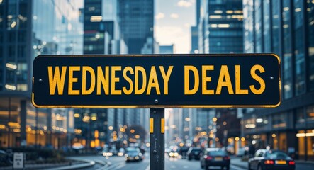 Obraz premium Wednesday deals text on road sign in middle of modern business city background