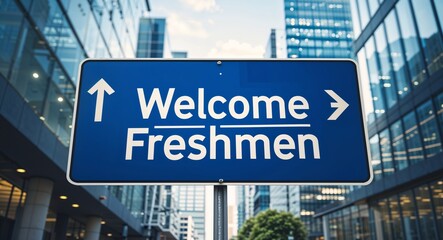 welcome freshmen text on road sign in middle of modern business city background