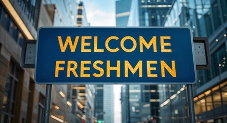 Obraz premium welcome freshmen text on road sign in middle of modern business city background