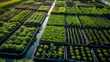 Overview of a vibrant vegetable nursery in the early morning light