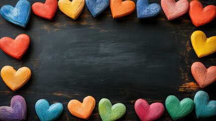 A black board displays a Happy Pride Month message surrounded by colorful paper hearts, celebrating LGBTQ+ rights and diversity