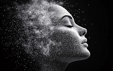 3D rendering of a face made from white and grey pixels on a black background. Conceptual digital art with artificial intelligence and big data technology concepts