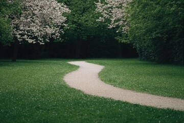 footpath through park filled with blooming cherry blossoms with ample copy space for text or design