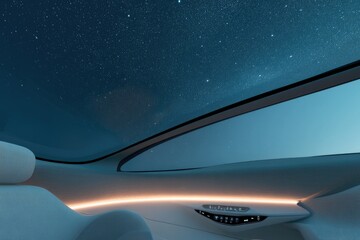 futuristic car interior with ambient lighting touch controls and panoramic sunroof showing night sky