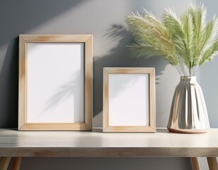 Two rectangular frames resting on a white table, showcasing minimalistic design, ready for personalized content.